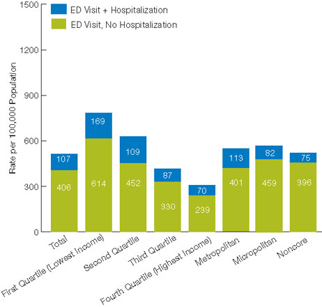 Figure 6.7. Potentially avoidable emergency department encounters for asthma, among adults, by income and geographic location, and among children, by income and geographic location, 2008. For details, go to [D] Text Description below.