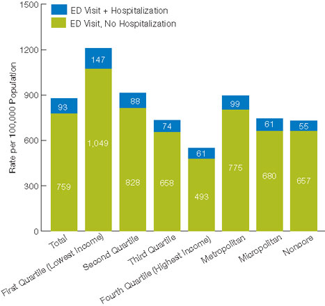 Figure 6.7. Potentially avoidable emergency department encounters for asthma, among adults, by income and geographic location, and among children, by income and geographic location, 2008. For details, go to [D] Text Description below.