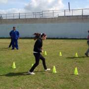 Young Palestinian women play football at Jenin Young Women's Club