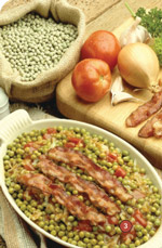 raw ingredients (peas, tomatoes, onions, bacon) to a prepared meal (casserole)