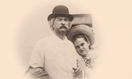 sepia portait photo: Mark Twain with 11-year old girl, Dorothy Quick