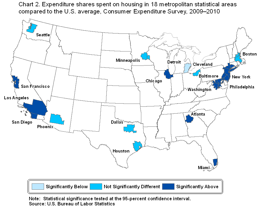 Chart 2. Expenditure shares spent on housing in 18 metropolitan statistical areas compared to the U.S. average, Consumer Expenditure Survey, 2009-2010