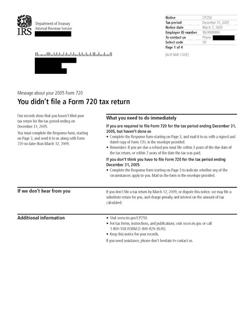 Image of page 1 of a printed IRS CP259 Notice