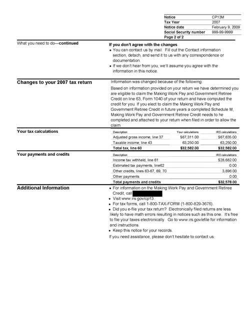 Image of page 2 of a printed IRS CP13M Notice