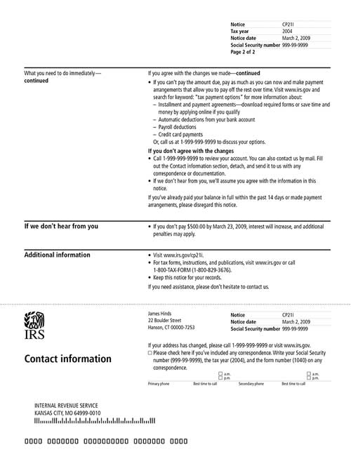 Image of page 2 of a printed IRS CP21I Notice