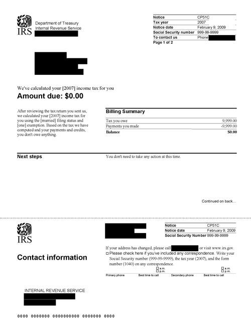 Image of page 1 of a printed IRS CP51C Notice