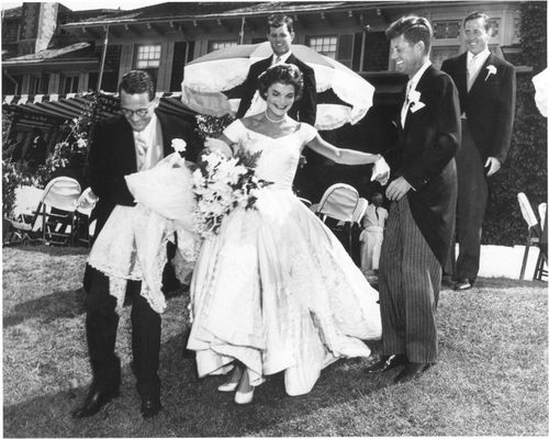 The Wedding of John and Jacqueline Kennedy   
Jacqueline Lee Bouvier and John F. Kennedy were married the morning of September 12, 1953, in the picturesque St. Mary’s Roman Catholic Church in Newport, Rhode Island. Read more 
Here, a photo of the newlyweds at their wedding reception at Hammersmith Farm. 9/12/53. 
Gallery - Jack and Jackie&#8217;s Wedding Pictures