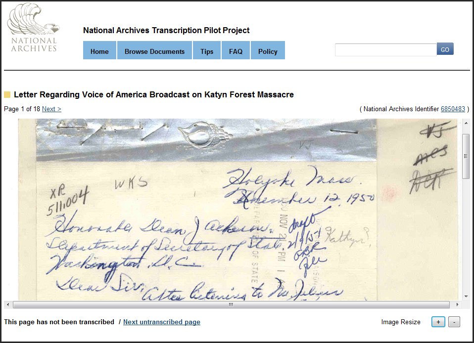 Help Transcribe Records Related to the Katyn Forest Massacre
Twenty records related to the Katyn Forest Massacre are now available on the National Archives&#8217; Transcription Pilot Project.  You can help transcribe telegrams, messages, letters, and reports. 
Learn more about records relating to the Katyn Forest Massacre at the National Archives.  