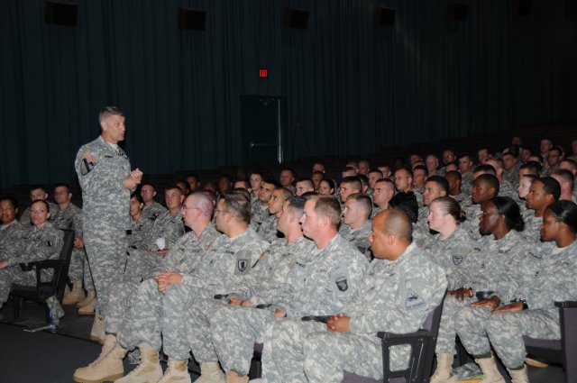 Sgt. Maj. of the Army Raymond F. Chandler III speaks to noncommissioned officers at the post theater during his visit to Fort Rucker, Ala., Aug. 22, 2012.