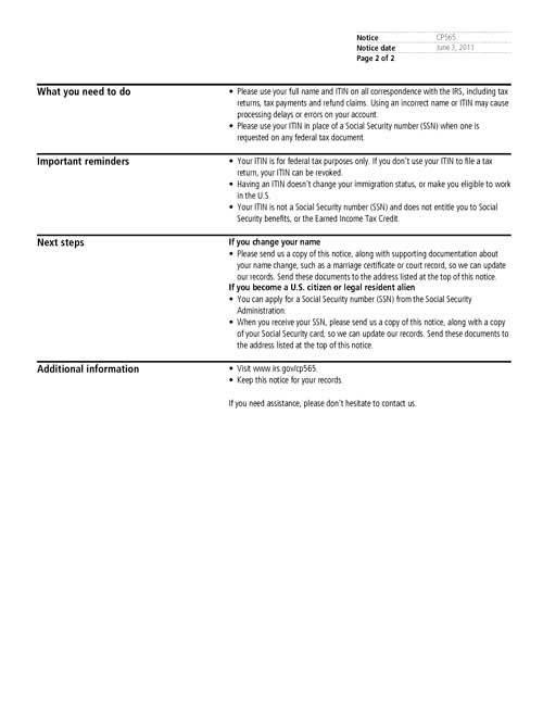 Image of page 2 of a printed IRS CP565 Notice