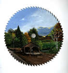 Painting by Jacob Kass, Chelsea Sawmill, 1981, oil on circular steel saw blade