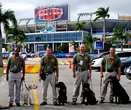 Canine handlers posing outside of the stadium.