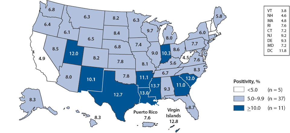 Chlamydia—Positivity Among Women Aged 15–24 Years Tested in Family Planning Clinics, by State, Infertility Prevention Project, United States and Outlying Areas, 2010 