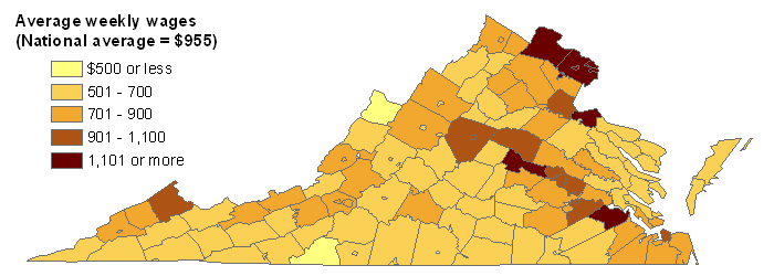 Map of Average Weekly Wages in Virginia