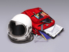 A spacesuit helmet next to a backpack filled with school supplies