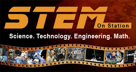 The words STEM on Station, Science, Technology, Engineering, Math, above a filmstrip showing astronauts performing experiments