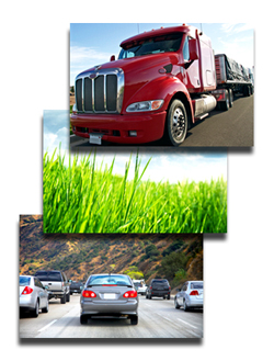 three small sized images collaged together, including a truck, lawn, passenger vehicle