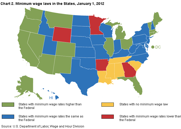 Map of minimum wage laws in the States, January 1, 2012