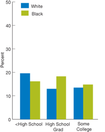 Bar chart. percentages. White; less than high school, 19.6; High School Grad, 13.0; Some college, 13.5. Black; less than high school, 16.2; High School Grad, 18.3; Some college, 14.8.