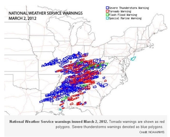 NOAA Infographic of Severe Storm and Tornado Watches and Warnings, March 2, 2012