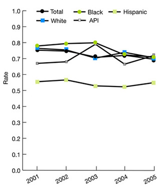 2001, Total, .75; White; .76; Black; .78; API; .67; Hispanic; .56; 2002, Total, .75; White; .75; Black; .79; API; .68; Hispanic; .57; 2003, Total, .71; White; . 70; Black; .80, API; .79; Hispanic; .53; 2004, Total, .72; White; .74; Black; .72; API; .67; Hispanic; .52; 2005, Total, .70; White; .71; Black; .71; API; .72; Hispanic; .55.