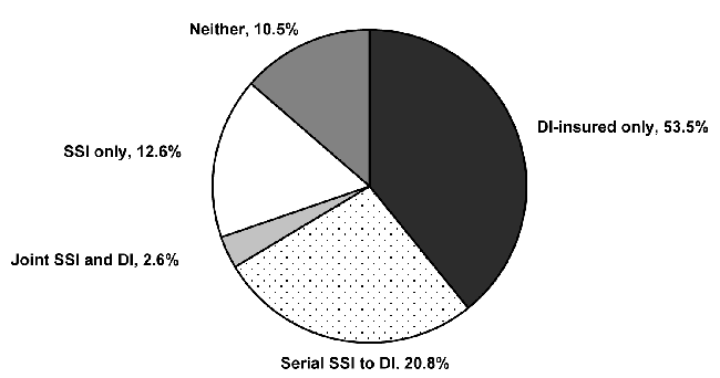 Pie chart showing DI-insured only equals 53.5%, serial SSI to DI equals 20.8%, joint SSI and DI equals 2.6%, SSI only equals 12.6%, and neither equals 10.5%.