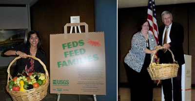 Side-by-side photos of intern Sarah Hussain holding up a large basket of produce as she stands beside a Feds Feed Families sign and Deputy Secretary David J. Hayes presenting the basket of produce to to Cecelia Vergaretti, Capital Area Food Bank.