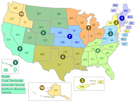 Map of United States showing the country divided into different regions