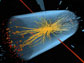 Illustration of two gamma rays, yellow lines, and red towers measured in eletromagnetic calorimeter.