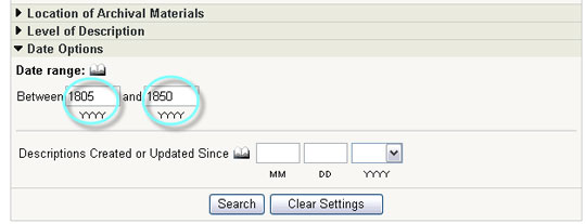 ARC search screen with dates filter is set to search for 1805 to 1850.