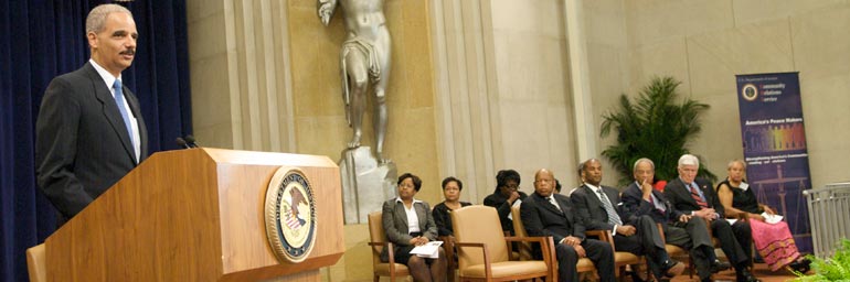 Attorney General Eric Holder speaks to staff and guests at CRS event.