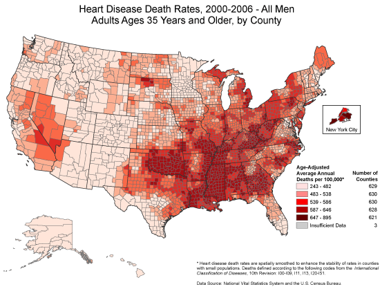 Heart Disease Death Rates for 2000 through 2006 of Adult Men Aged 35 Years and Older by County. The map shows that concentrations of counties with the highest heart disease rates for men - meaning the top quintile - are located in Appalachia, in the southern region of Georgia, throughout Alabama and Oklahoma, and along the Mississippi River Valley.