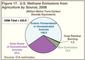 Figure 17. U.S. Methane Emissions from Agriculture by Source, 2008 (million metric tons carbon dioxide equivalent).  Need help, contact the National Energy Information Center at 202-586-8800.