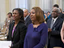 Multiple attendees of the Domestic Violence Awareness panel discussion dress in purple, 
the official color for National Domestic Violence Awareness Month.