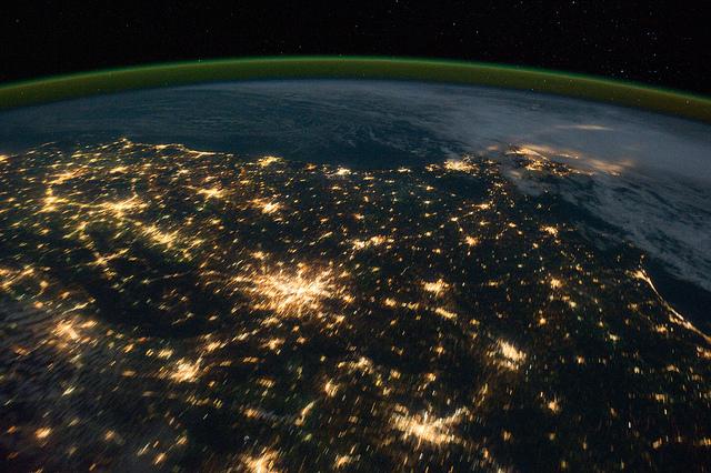 Southeastern U.S. at Night (NASA, International Space Station, 10/18/11) This is one of a series of night time images photographed by the Expedition 29 crew from the International Space Station. It features Southeastern United States centered near Atlanta. The Florida peninsula is visible under clouds (lower right).
