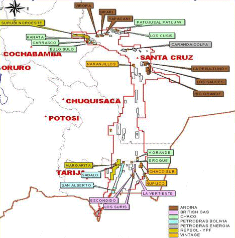 Map showing selected oil and gas fields in Bolivia