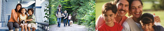 Picture of mother with two kids. Picture of family walking on trail. Picture of family.