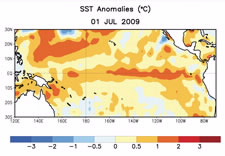 Image of sea surface temperatures along the equatorial Eastern Pacific, as of July 1. Click for larger image.