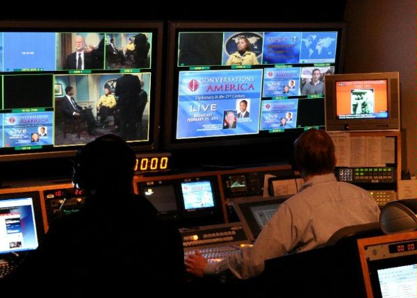 Video technicians in the Office of Broadcast Services man the controls during a live broadcast of Conversations with America. 