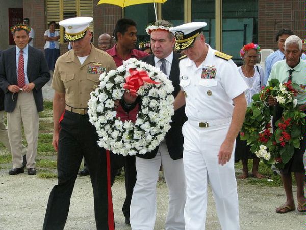 Assistant Secretary for East Asian and Pacific Affairs Kurt Campbell, center, Adm. Patrick Walsh, commander of U.S. Pacific Fleet, right, and Office of the Secretary of Defense South/Southeast Asia Principal Director Brig. Gen. Richard Simcock, prepare to lay a wreath at the Battle of Tarawa Memorial. 