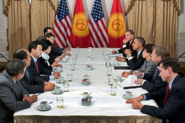 President Barack Obama holds a bilateral meeting with President Roza Otunbayeva of Kyrgyzstan and the Kyrgyzstan delegation. Assistant Secretary of State for South and Central Asian Affairs Blake is pictured in bottom right corner.