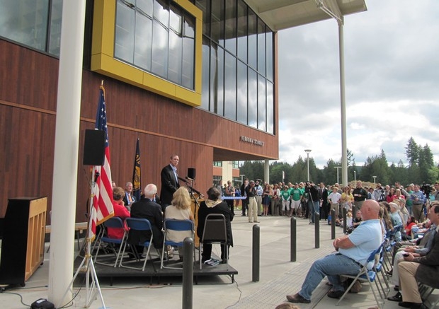 The community of Vernonia, OR, celebrates the opening of a new energy efficient school. | Photo courtesy of <a href="http://www.opb.org/news/slideshow/vernonia-high-school/">April Baer, OPB</a>.