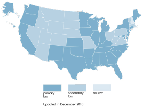 US map illustrating states that have primary enforcement, secondary enforcement, and no seat belt laws.