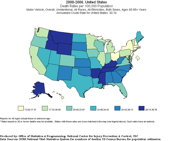 Map shows death rates per 100,000 population for motor vehicle, overall, unintentional, all races, all ethnicities, both sexes, ages 65-85+ years for 2000-2006 in the United States.  The Annualized Crude Rate for the United States: 2074