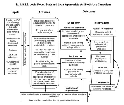 Exhibit 2.8: Logic Model, State and Local Appropriate Antibiotic Use Campaigns. In this model, key inputs include staff, partners and funding.