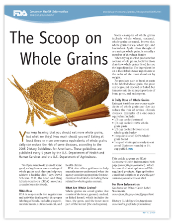 PDF of consumer article about whole grains, including photo of whole wheat, whole grain bread and whole grain pasta.