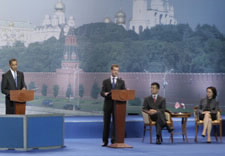 President Obama, President Medvedev, Secretary Locke and Russian Minister Nabiullina seen on stage. Click for larger image.