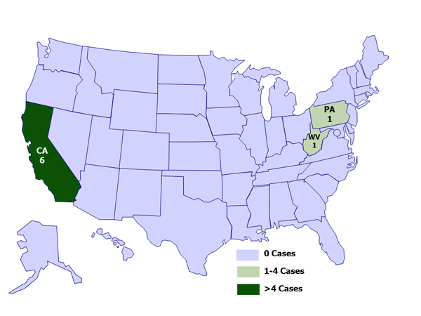 A map of the United States depicting case counts of hantavirus infection in people who recently visited Yosemite National Park, by state of residence: August 30, 2012