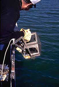 Doug Craft colecting a sediment sample from Ridgway Reservoir using a Ponar Dredge