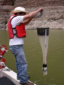 Biologist Juddson Sechrist using a vertical tow net to collect a plankton sample from Bighorn Lake, Montana, to help assess primary productivity and plankton in the lake.